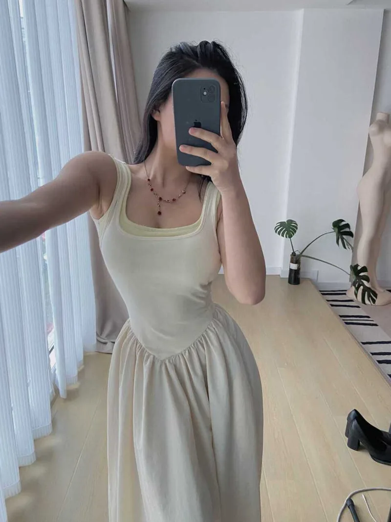 French Square Neck High Waisted Backless Solid Long Dress Women 2024 Summer Sleeveless Fake Two-piece Floral Bud Dress V6N7