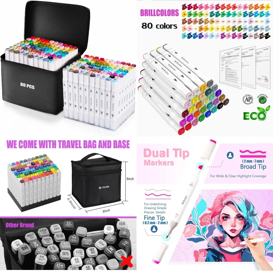 

80 Colors Alcohol Markers with Base Dual Tip Drawing Markers for Adult and Comics Coloring Sketching Illustration Refillable Id
