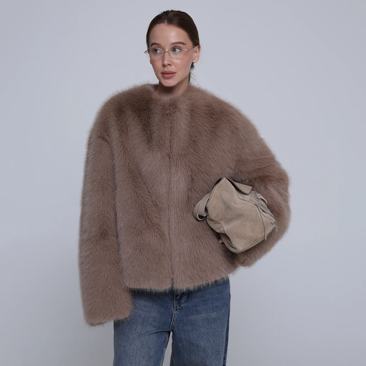 RU 2026 Women Faux Fur Cropped Coat Round Neck Loose Drop Shoulder Warm Autumn Winter Luxury Ladies Fluffy Short Jacket