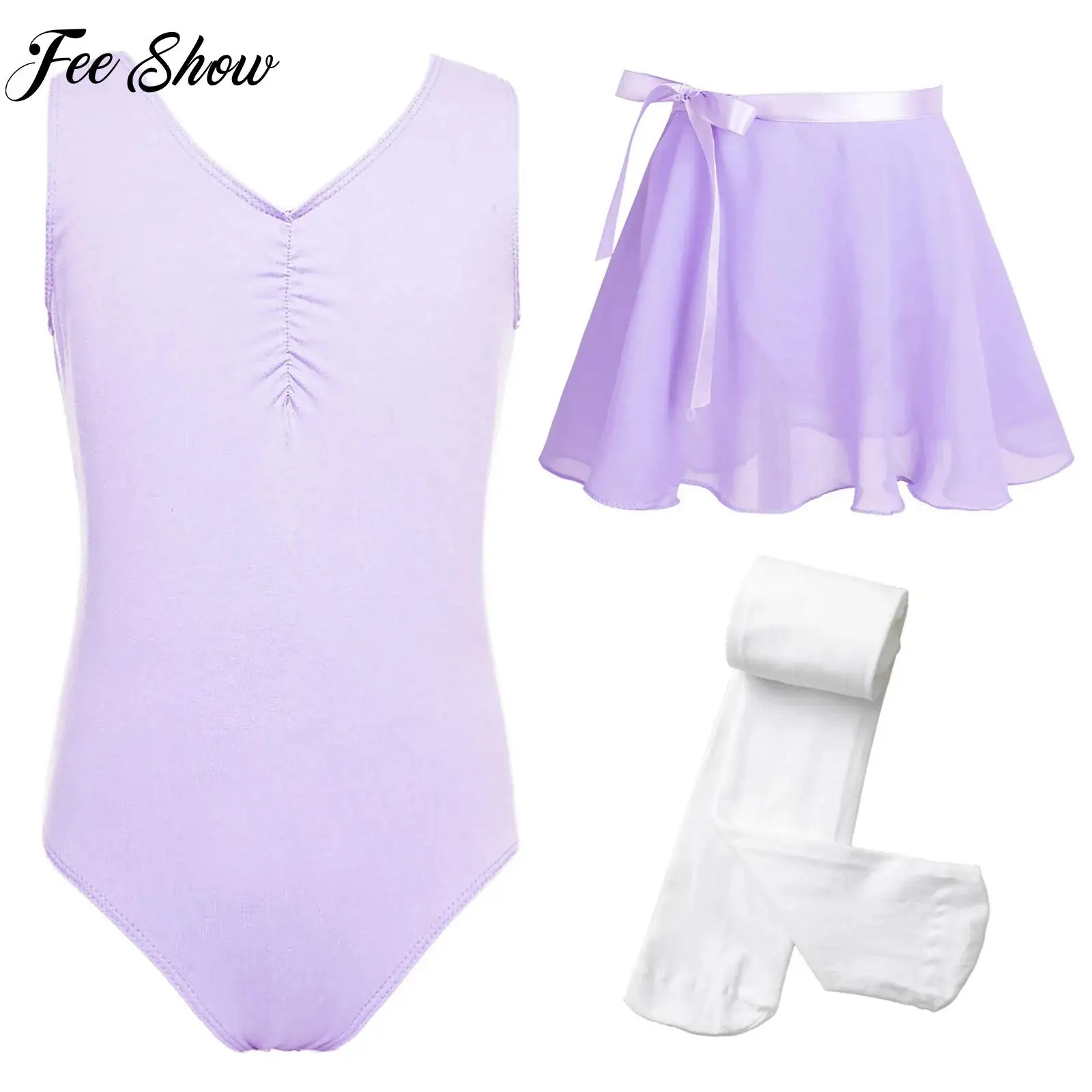 

Sleeveless Ballet Dance Gymnastics Outfit Kids Girls Leotard with Self-Tie Chiffon Skirt And Pantyhose Figure Skating Dancewear