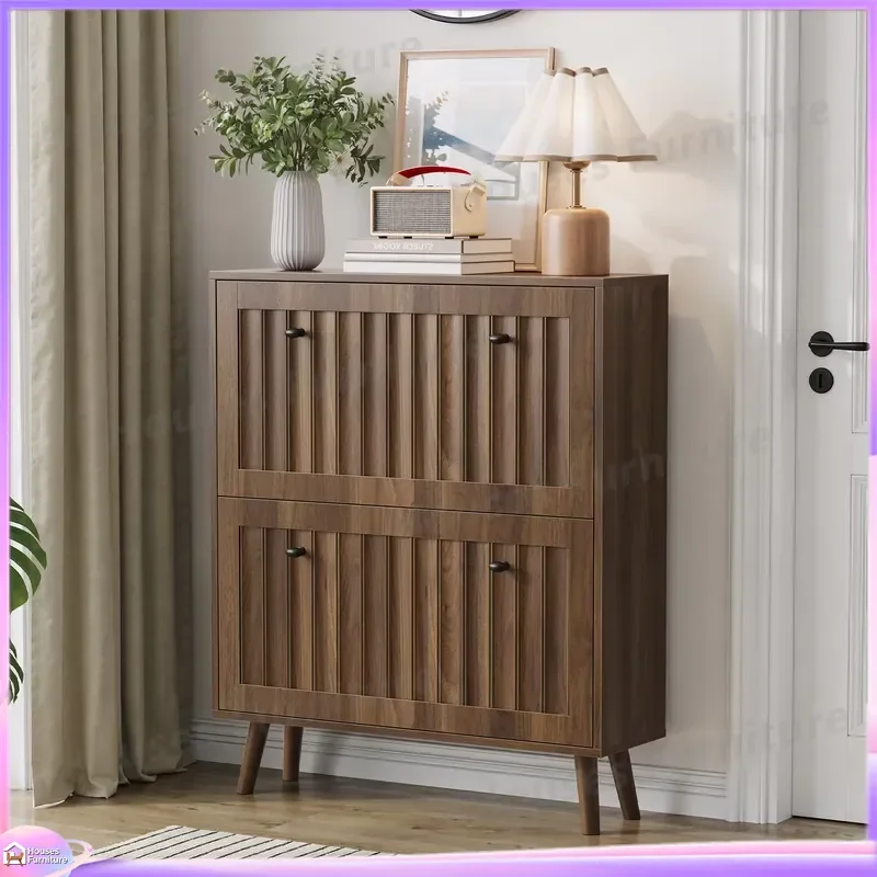 Modern Portable Shoe Cabinet with Vertical Groove Design 80 cm Walnut Finish Shoe Storage Organizer for Entryway Hallway