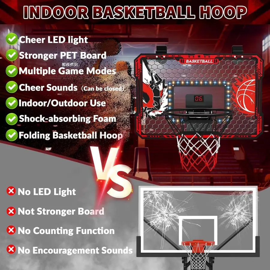 طوق كرة السلة للباب، 2025 ترقية طوق كرة السلة الداخلي مع أضواء LED ولوحة النتائج، تتضمن 3 كرات مضخة أمبير، ألعاب جي