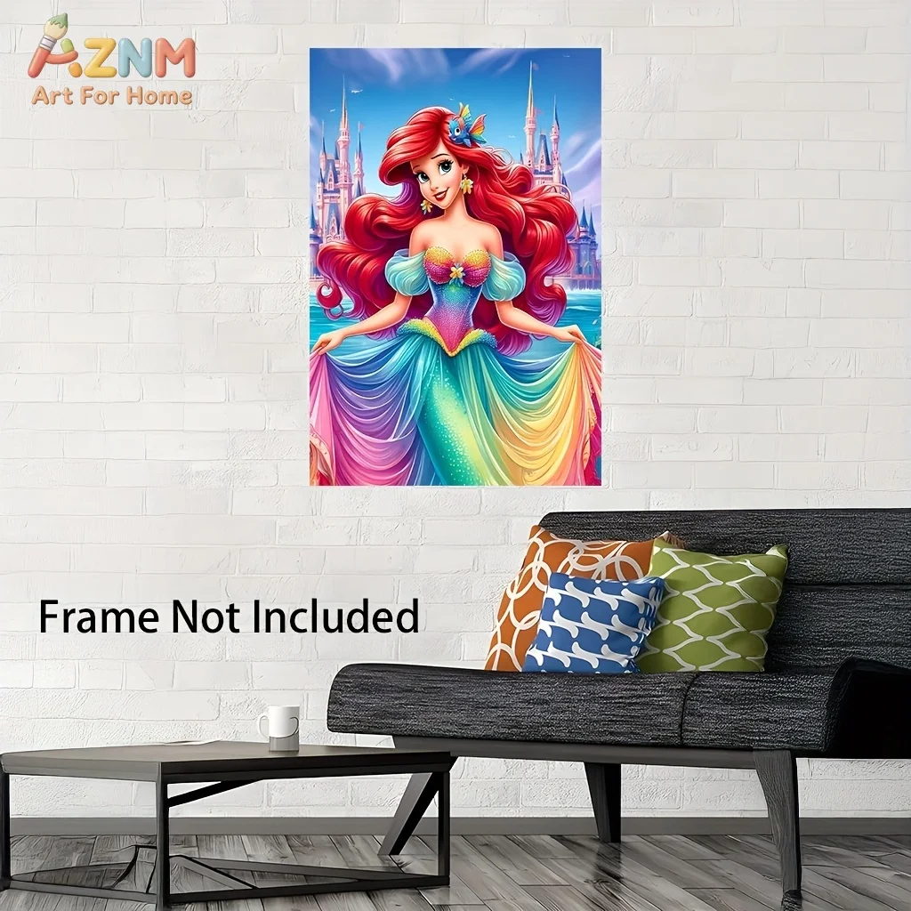 AZNM Disney La Sirenita Ariel, Arte de Fondo de Castillo con Vestido Arcoíris, Impresión Plana 2D, Lienzo sin Marco, Arte de Pared para Habitación Infantil