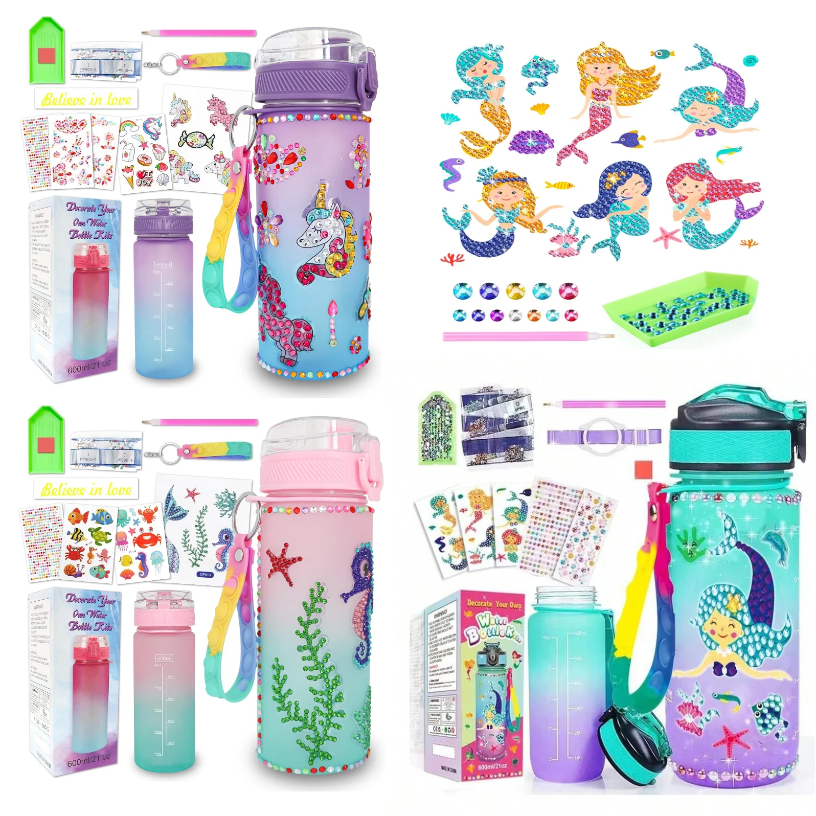 1 Set Decorate Your Own Water Bottle Kits, Mermaid Unicorn Themed Diamond Painting Cup, Fun Arts and Crafts Gifts Toys for Gift