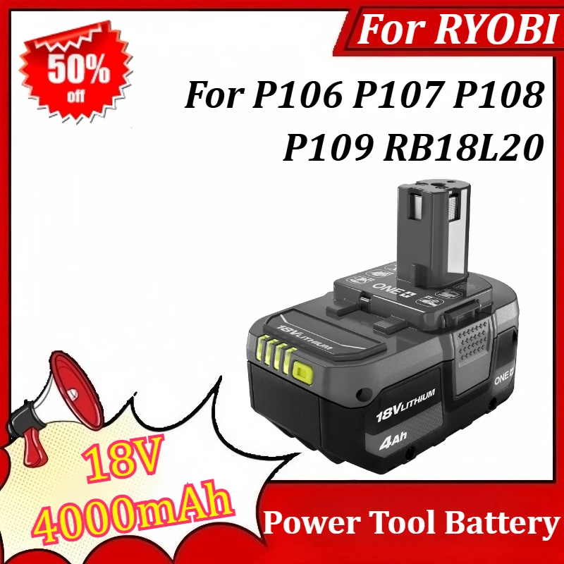 18V 4000mAh Power Tool Battery for RYOBI P106 P107 P108 P109 RB18L20 Lithium Battery