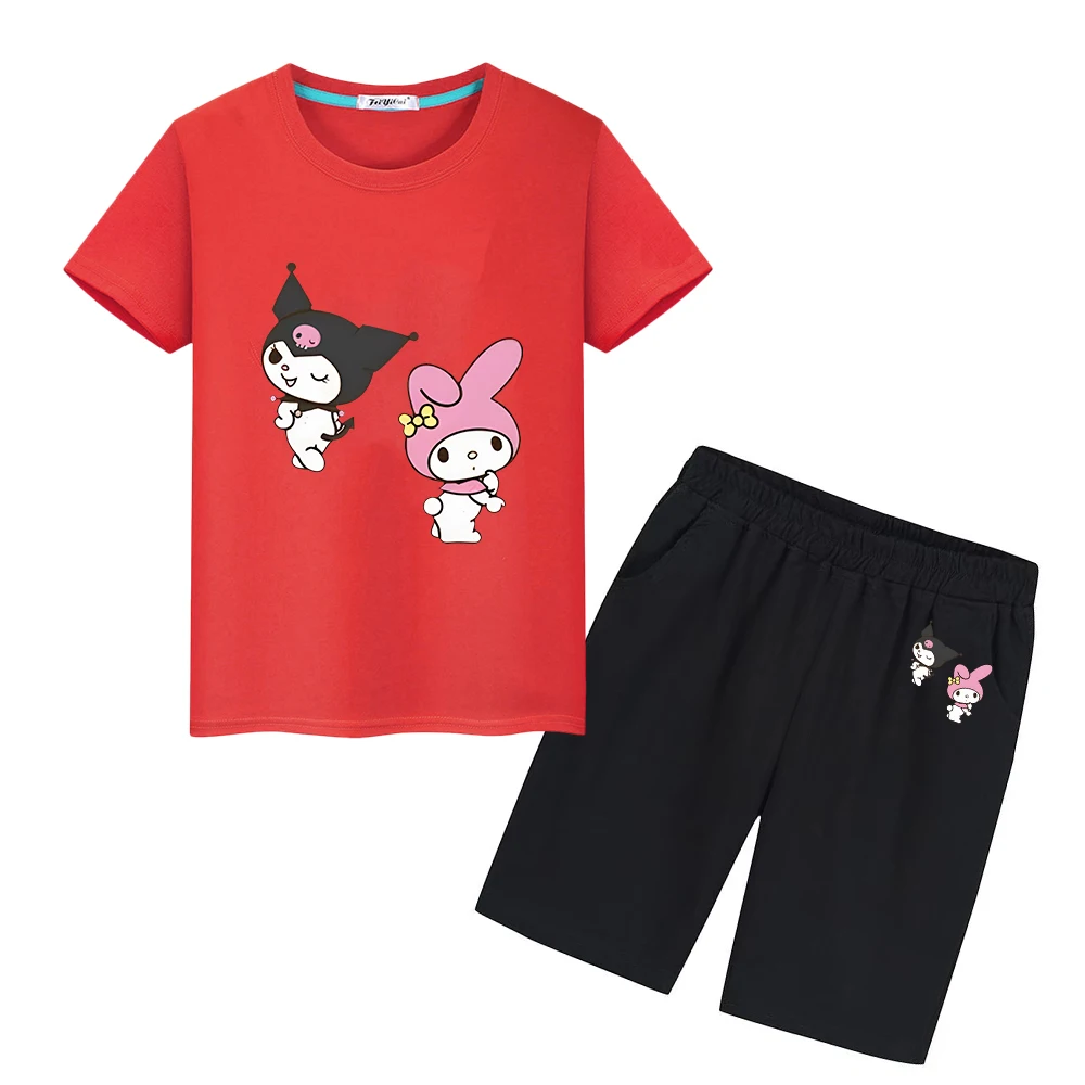 Kulomi Print 100%Cotton T-shirt Cute Sports Sets Summer Tops+short Sanrio Melody Anime Tshirts kid holiday gift boy girl clothes