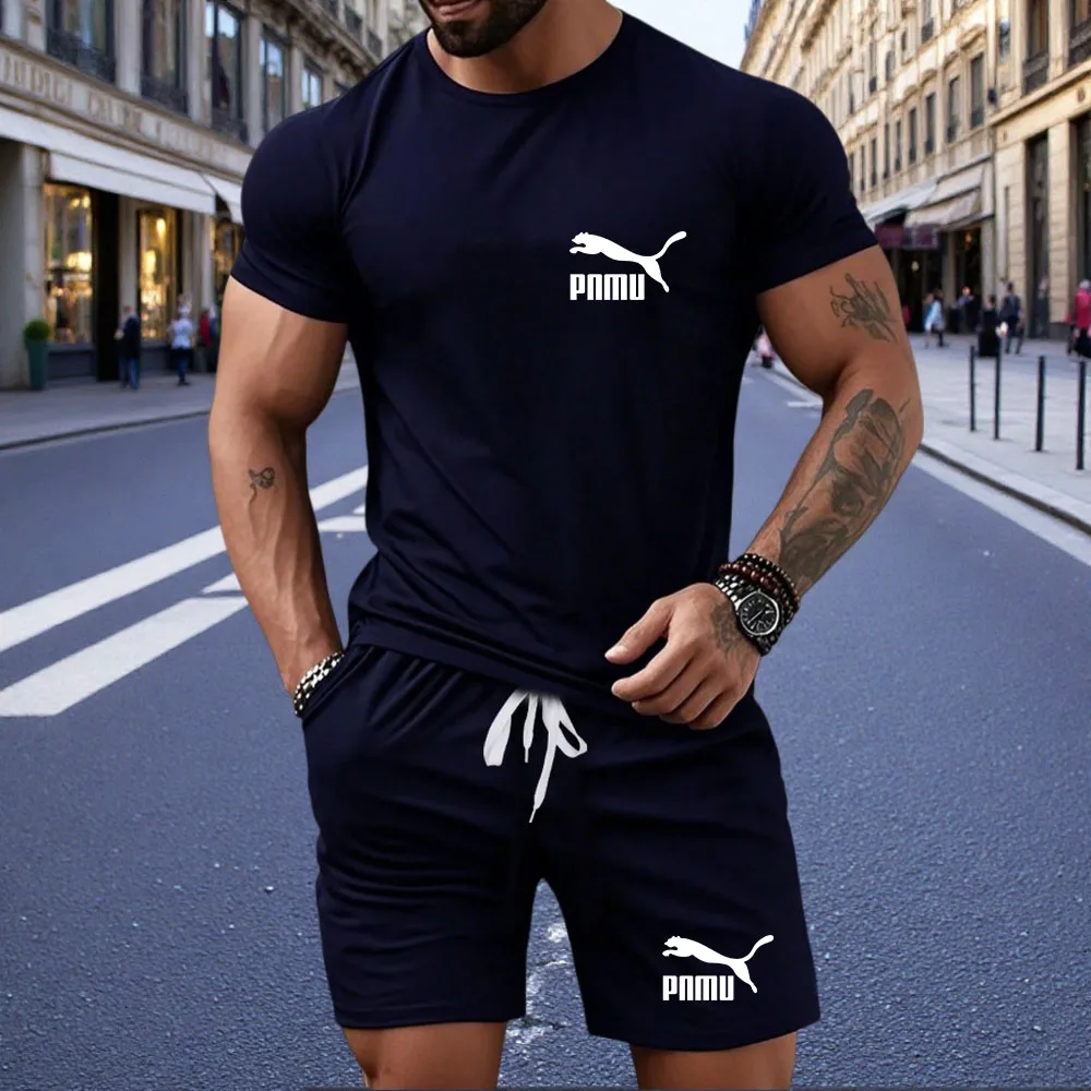 

2026 Fashion Men's Summer Set Sports Set 2-piece Round Neck Short Sleeve Shorts Clothing Set Men's Sports and Leisure Clothing