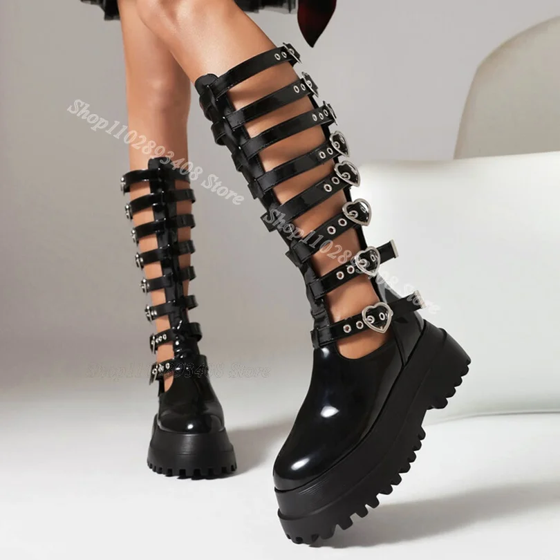 

Black Heart Shape Buckle Platform Boots Round Toe Punk Style Fashion Spring Design for Women Casual Boots Zapatos Para Mujere