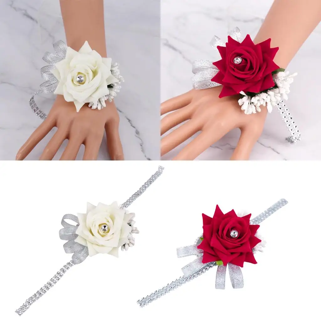 Upscale Artificial Rose Wrist Corsage Stretchy Bracelet Floral Hand Flower for Wedding Bridesmaid Flower Girl Party Decoration