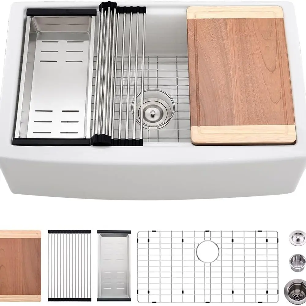 

33 Inch White Farmhouse Sink Workstation-33x21 Fireclay Farmhouse Kitchen Sink Apron Front White Ceramic Porcelain Single Bowl K