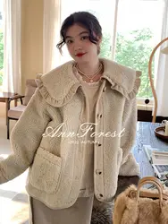 Chaqueta de lana de cordero con cuello de volantes de encaje lindo suelto, abrigo de felpa de muñeca, Otoño e Invierno