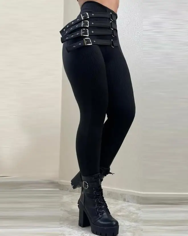 Damen-Streetwear, hohe Taille, enge elastische Hose mit Lederschnalle, Dekoration, Bleistifthose, 2024, sexy und elegante Leggings