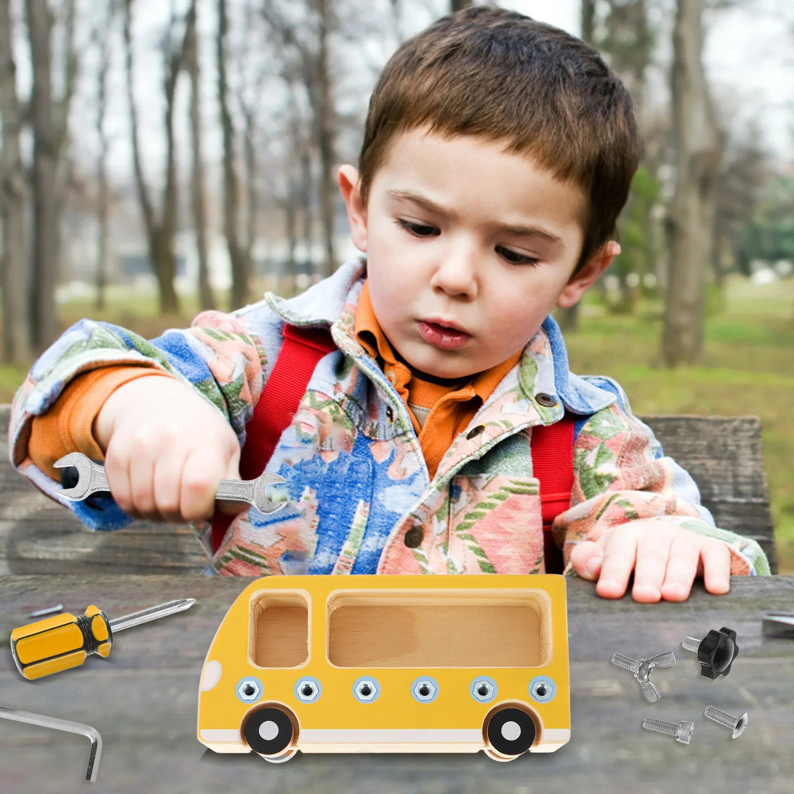 1Set Holz Beschäftigt Bord Bus Geformt Sichere Pädagogische Grundlegende Fähigkeiten Training Lernen Schraube Kognitive Hand Auge Koordination