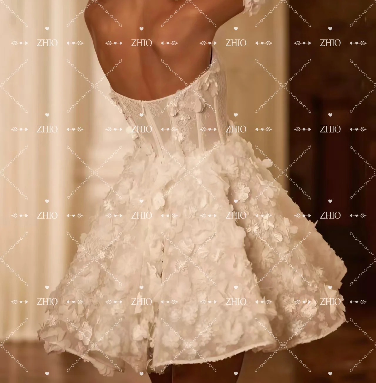 ZHIO Affascinante mini abito da sposa floreale 3D con guanti senza spalline abito da sposa a-line abiti da festa di ballo personalizzato Robe De Mariée