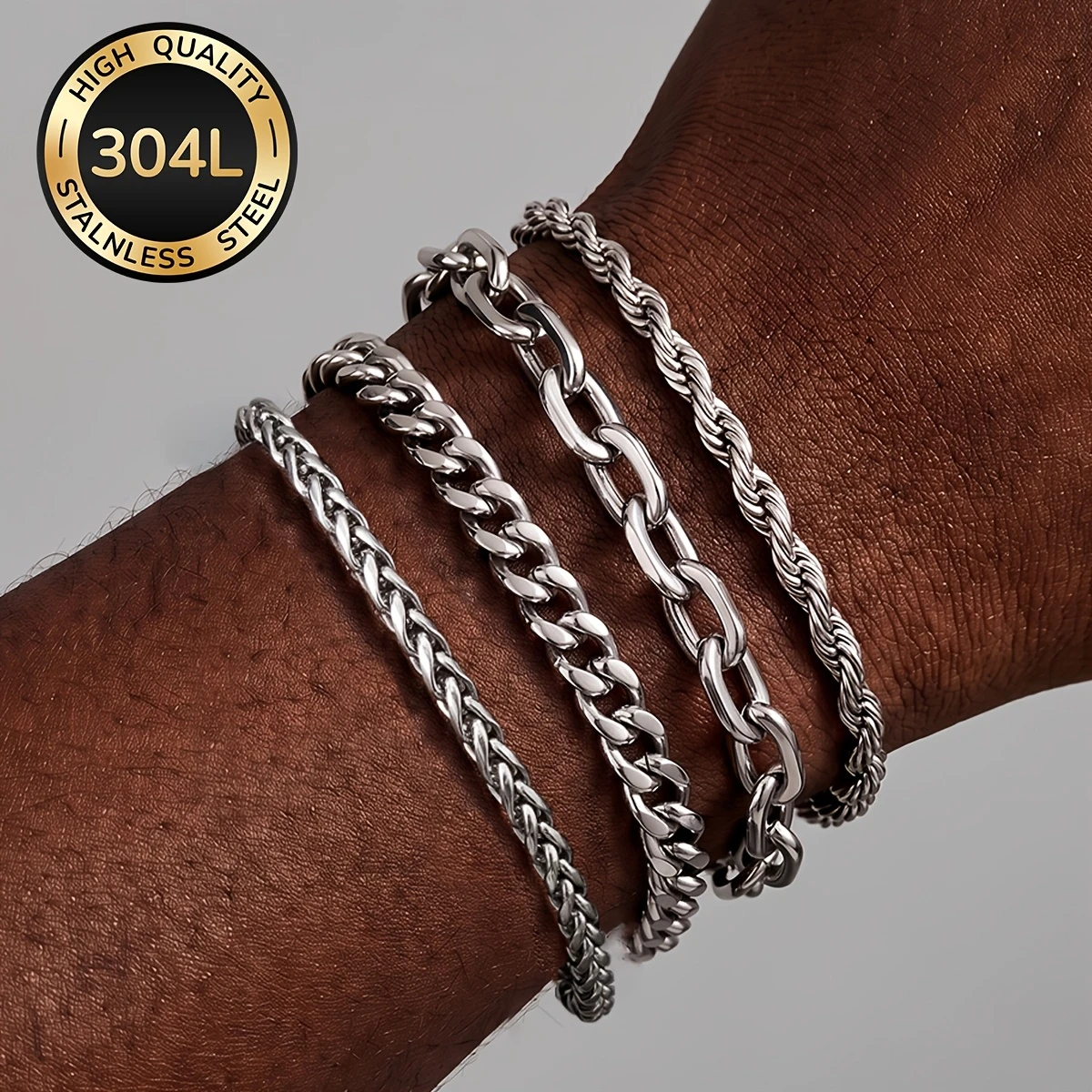 4-Piece Set of 304L Stainless Steel Bracelets, Twist Chain and Cuban Chain, Waterproof and Non-Fading, Men's Jewelry Set, Fashionable Accessories, Suitable for Daily Wear, an Excellent Choice for Holiday and Birthday G