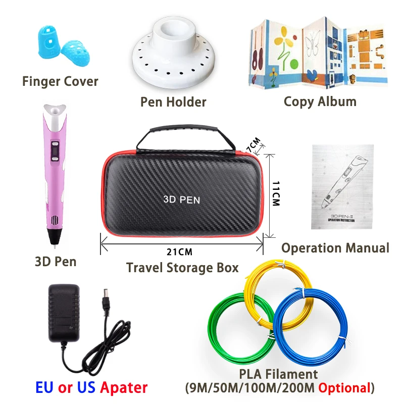 3D Pen 3D Print Pen Set for Children DIY Pens Children's Birthday Creative Gift Toys with Power Adapter PLA Filament Travel Box