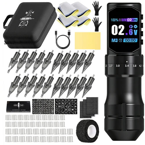Imagen 2 del producto Kit de máquina de tatuaje profesional, pluma de tatuaje de carrera ajustable inalámbrica, Motor sin escobillas con tinta de tatuaje, aguja de tatuaje