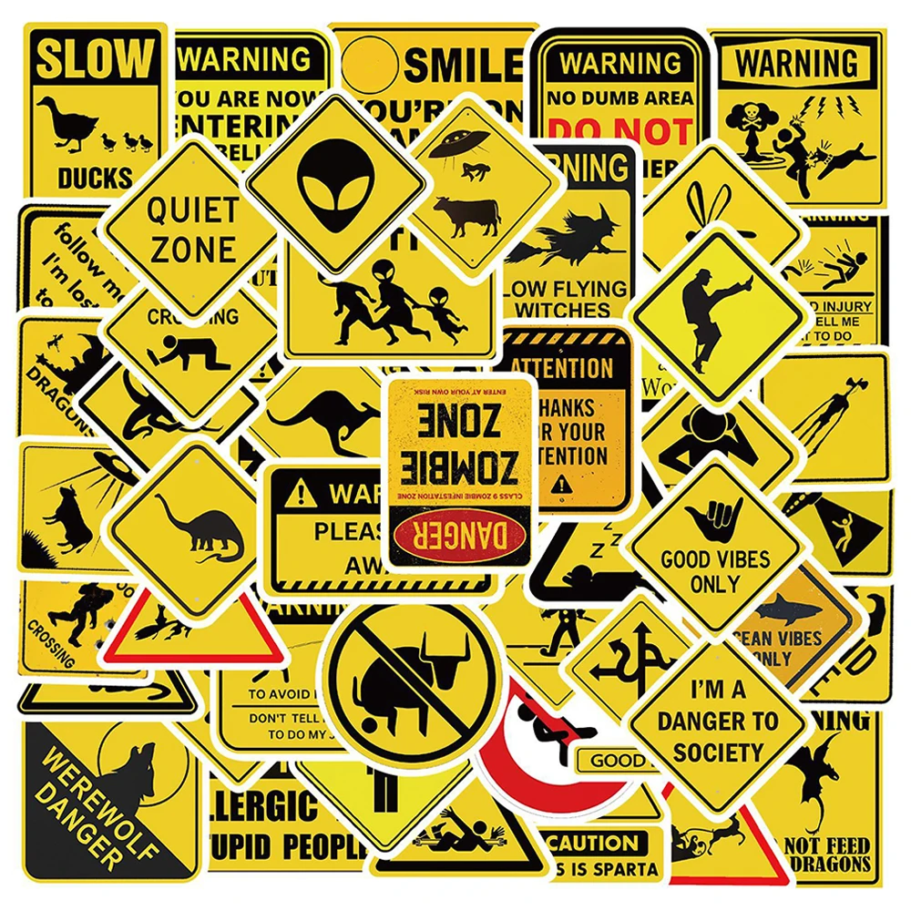 10/30/53pcs Warning Sign Cartoon Stickers Funny Graffiti Sticker Decoration DIY Laptop Luggage Helmet Phone PVC Waterproof Decal