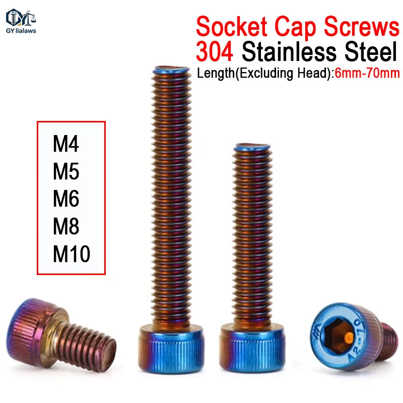 1/2~10pcs M3 M4 M5 M6 M8 M10 DIN912 Hex Socket Cap Head Screws 304 A2 Stainless Steel Burn Blue Allen Key Bolts Length 6mm-70mm