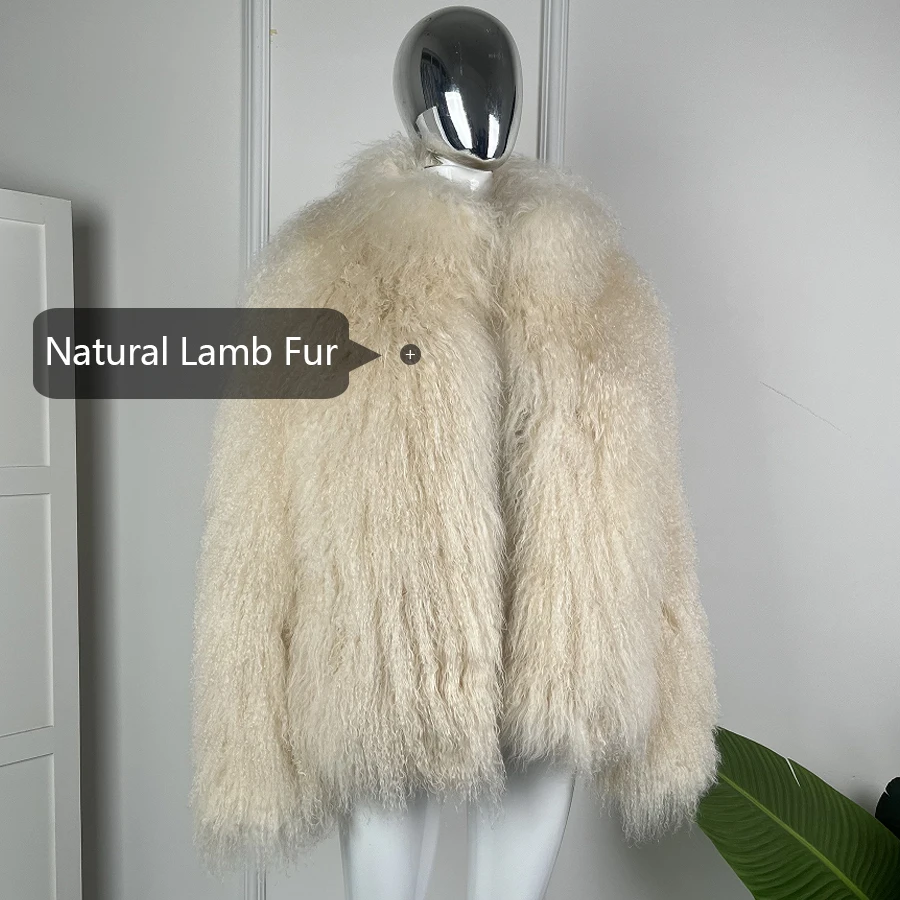 Abrigos de piel mongol auténtica para mujer, Chaqueta corta de piel de cordero tibetana con cuello redondo, prendas de vestir de piel de oveja para invierno