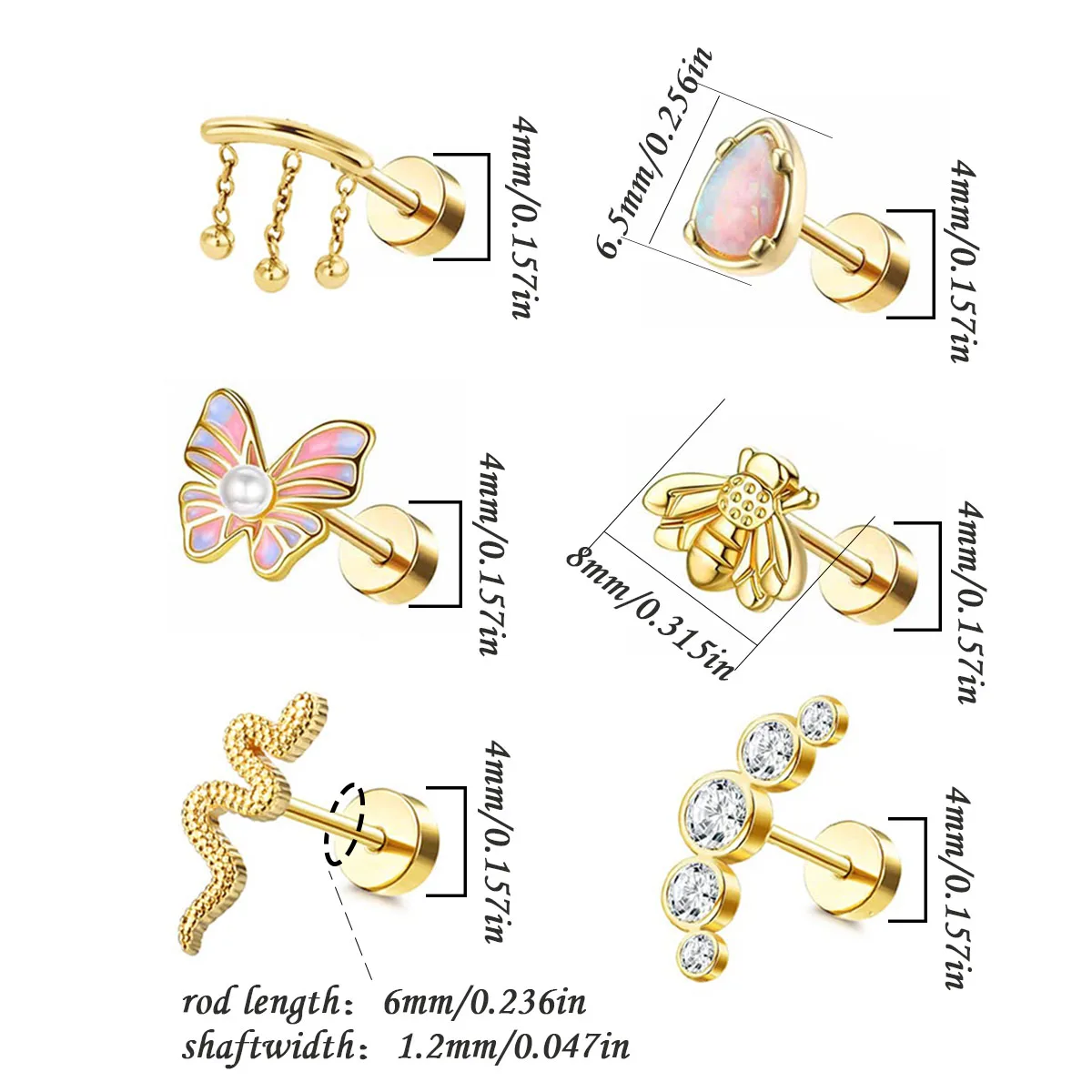 Stainless Steel Ear Studs for Women, Flat Back Stud, Front Spiral Lip, Golden Piercing Jewelry, 6 Pcs
