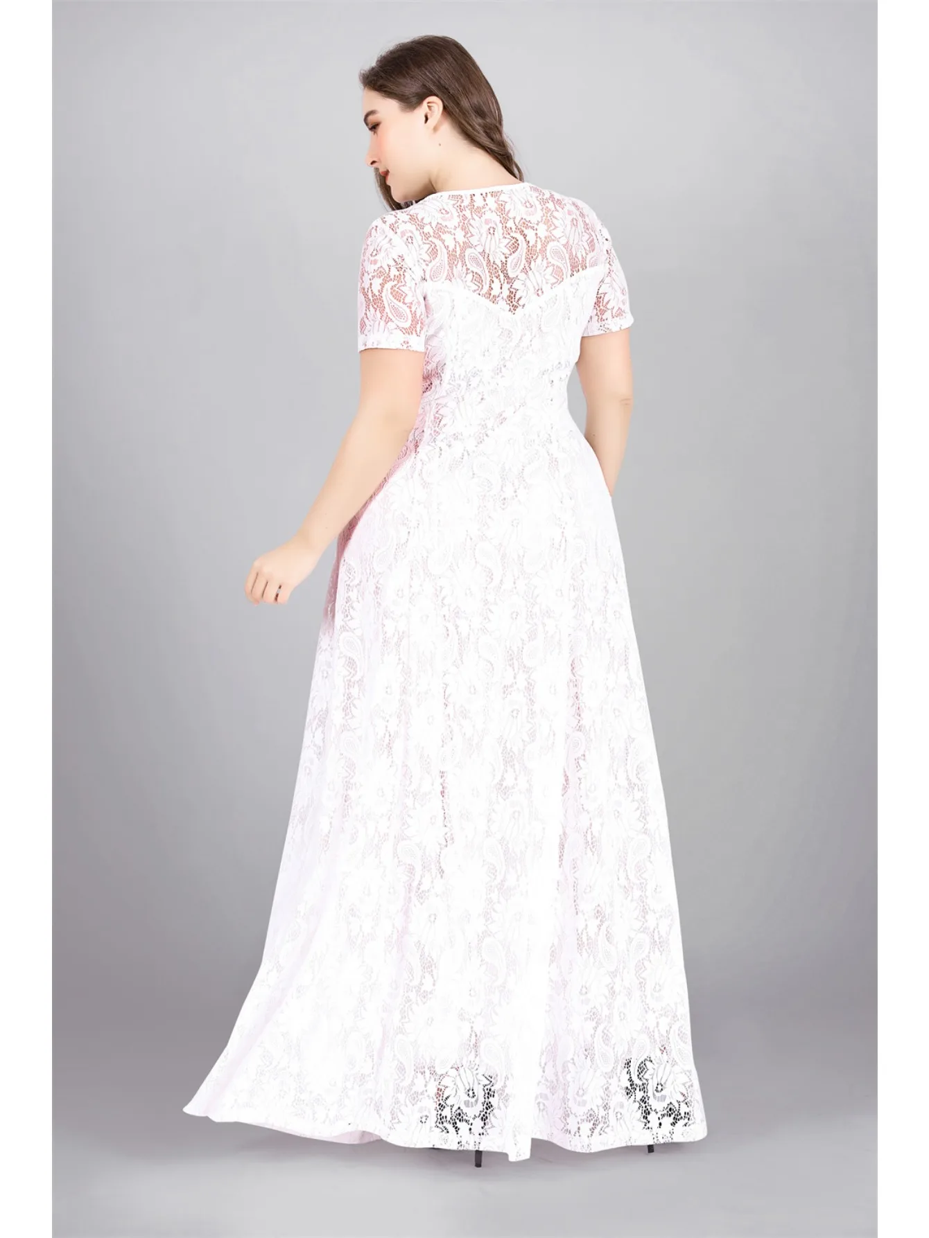 Plus Size Party Dress Women Summer Short Sleeve Lace Floral Hollow Out Sexy Evening Club Dresses Wedding Guest Long Dress