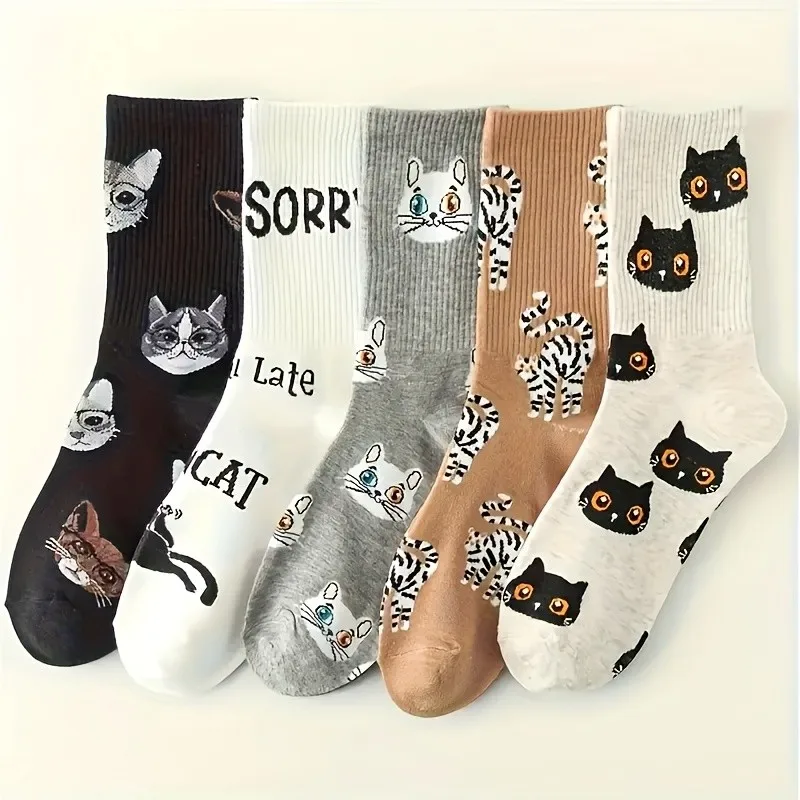 

New Arrival Cute White Cotton Mid-Calf Socks For Women Trendy Autumn/Winter Korean Preppy Style Cartoon Kitten Versatile Trendy