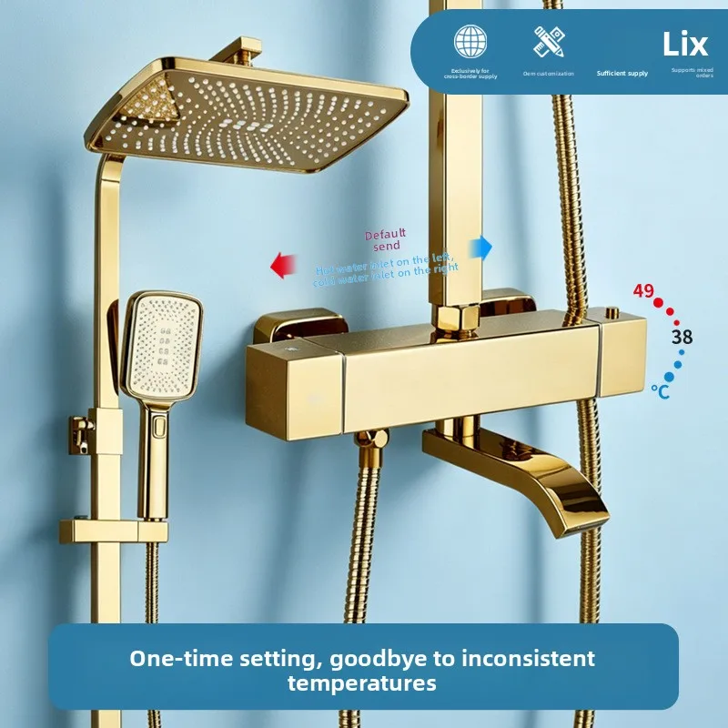 Gold Thermostatic Shower System One Key Temperature Lock Pressure Boost Luxury Bathtub Set Shower Head and Handle Set Silver