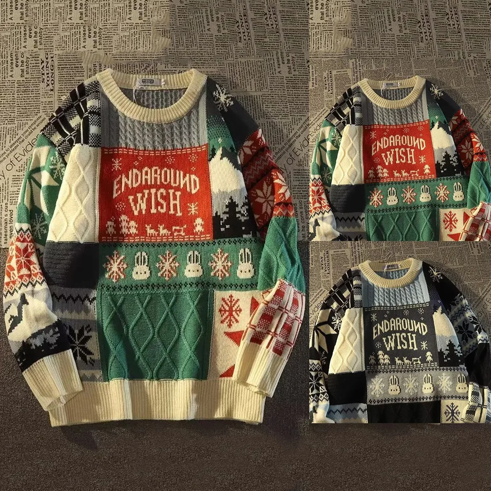 

Новинка 2025, вязаный цветной свитер, мужской круглый свитер с вышивкой на Хэллоуин, свободный дышащий повседневный длинный топ све