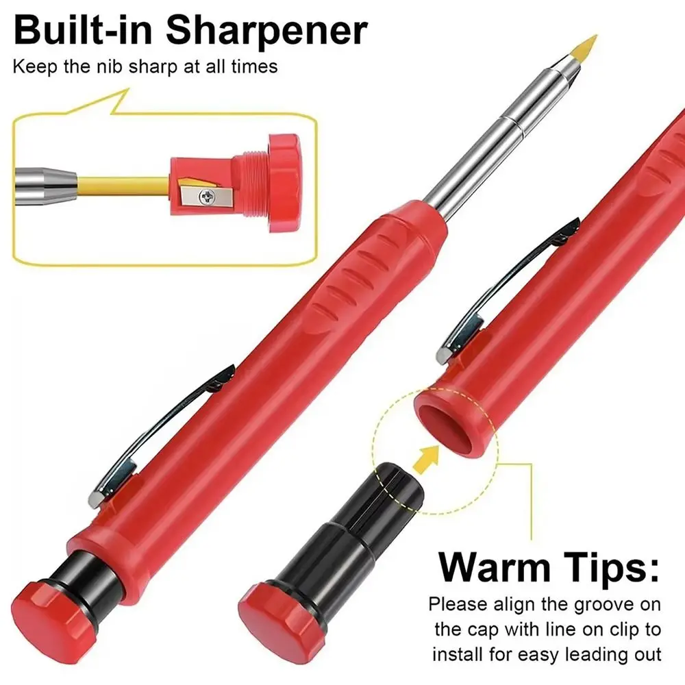 1Set 2.8mm Woodworking Pencil Deep Hole Marking Long Head Mechanical Pencil Metal Built-in Sharpener Solid Carpenter Pencil