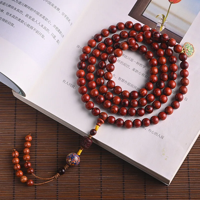 Yellow Pear Wood Bracelet 108 Buddha Beads Bracelet Women's Long Retro Chinese Style Necklace Holding Rosary Beads Men Lacquer