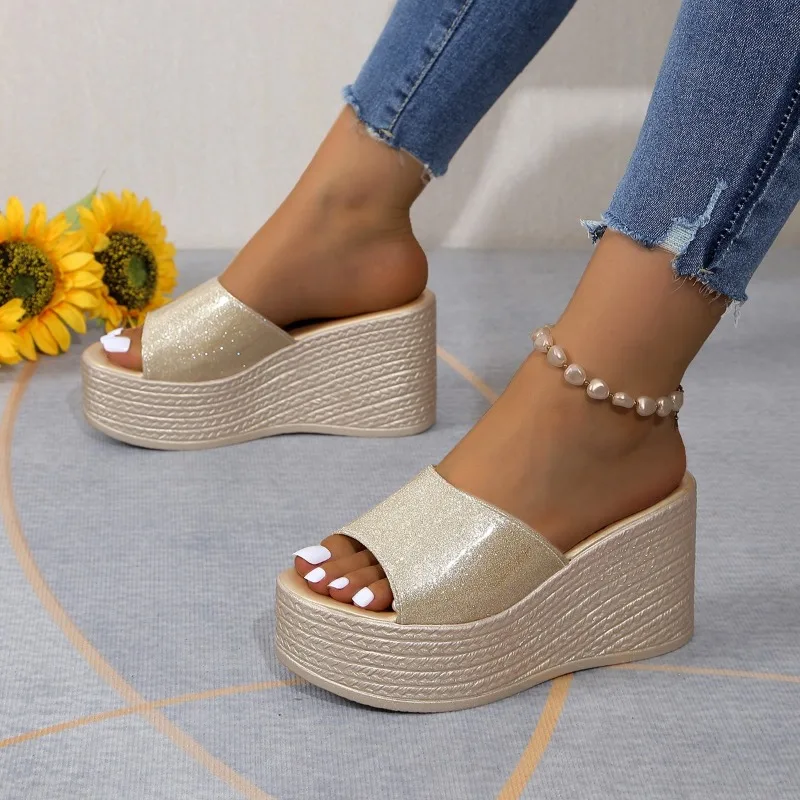 2024 High Quality Shoes Female Summer Women's Slippers Solid Concise Open Toe High Heels Water Proof Casual Slippers Women