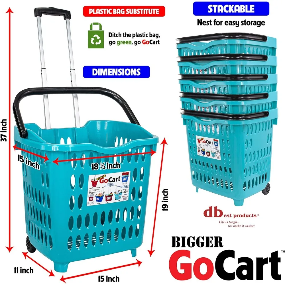 GoCart carrito de comestibles más grande, cesta de lavandería de compras rodante con ruedas, cesto con asa telescópica, carrito de limpieza, verde azulado