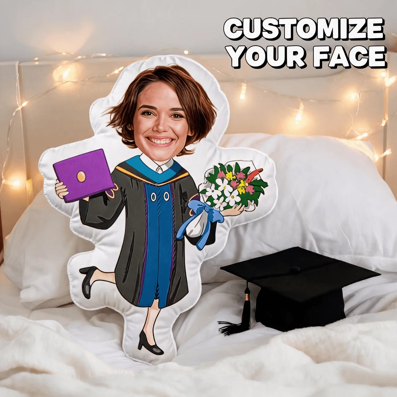 Custom Photo Graduation Shaped Pillow, Personalized Face In Gown Holding Diploma & Flowers Decorative Cushion, 70cm Home Decor A