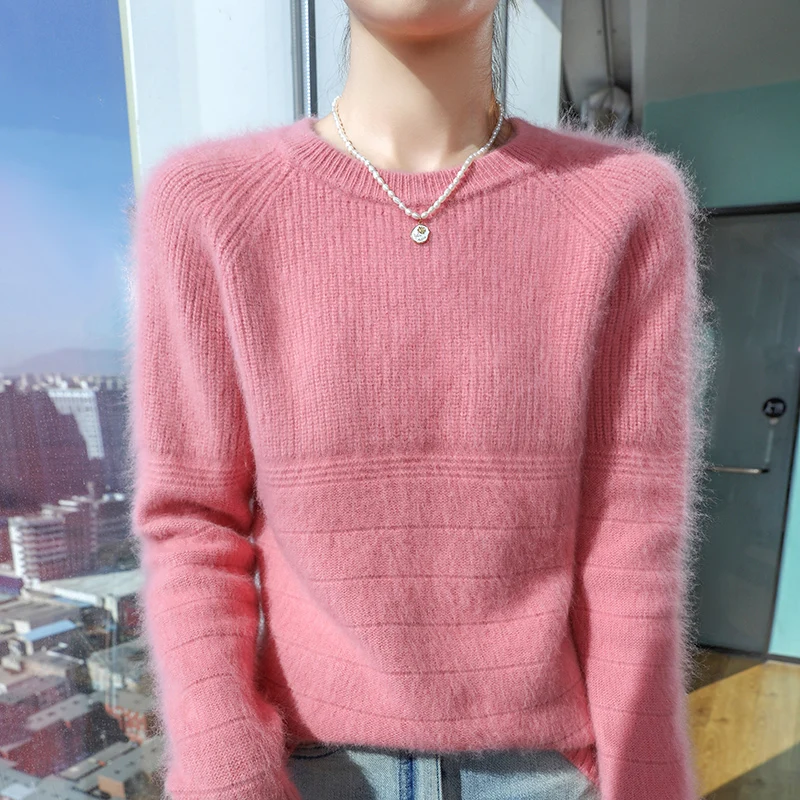 100% Mink Cashmere Sweater Women's Round Neck Knitted Pullover Winter Thick Warm Jacquard Top Fashionable Solid Color Large Size