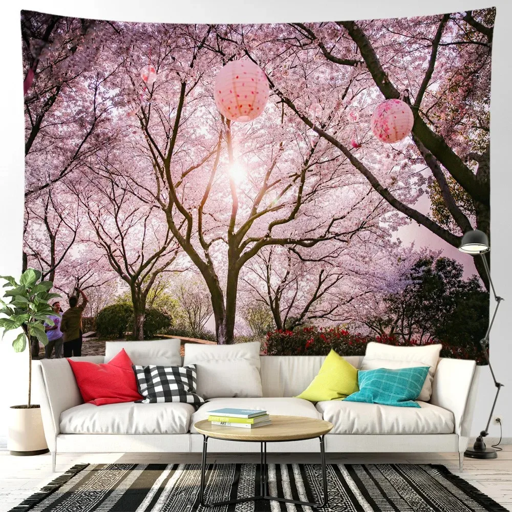 Pink cherry blossom tree mountain forest wall tapestry home decoration living room bedroom background hanging cloth