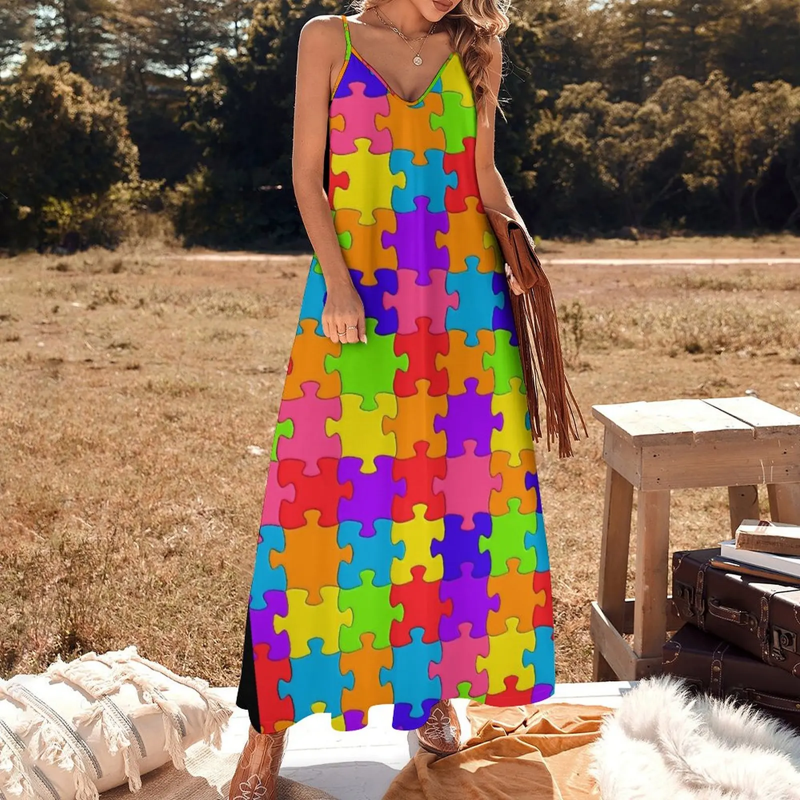 Jigsaw padrão multicolorido design sem mangas vestido longo roupas femininas de verão 2025 cocktail de vestidos vestido