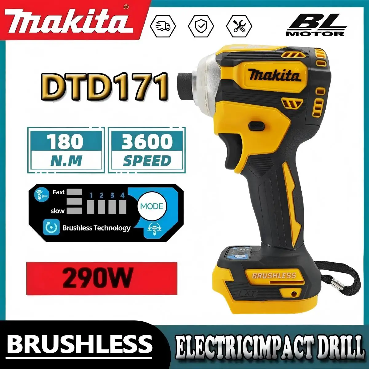 

Бесщеточный аккумуляторный ударный шуруповерт Makita DTD171 18В с LED-подсветкой, перезаряжаемая дрель-шуруповерт, без аккумулятора и зарядного устройства, электроинструмент