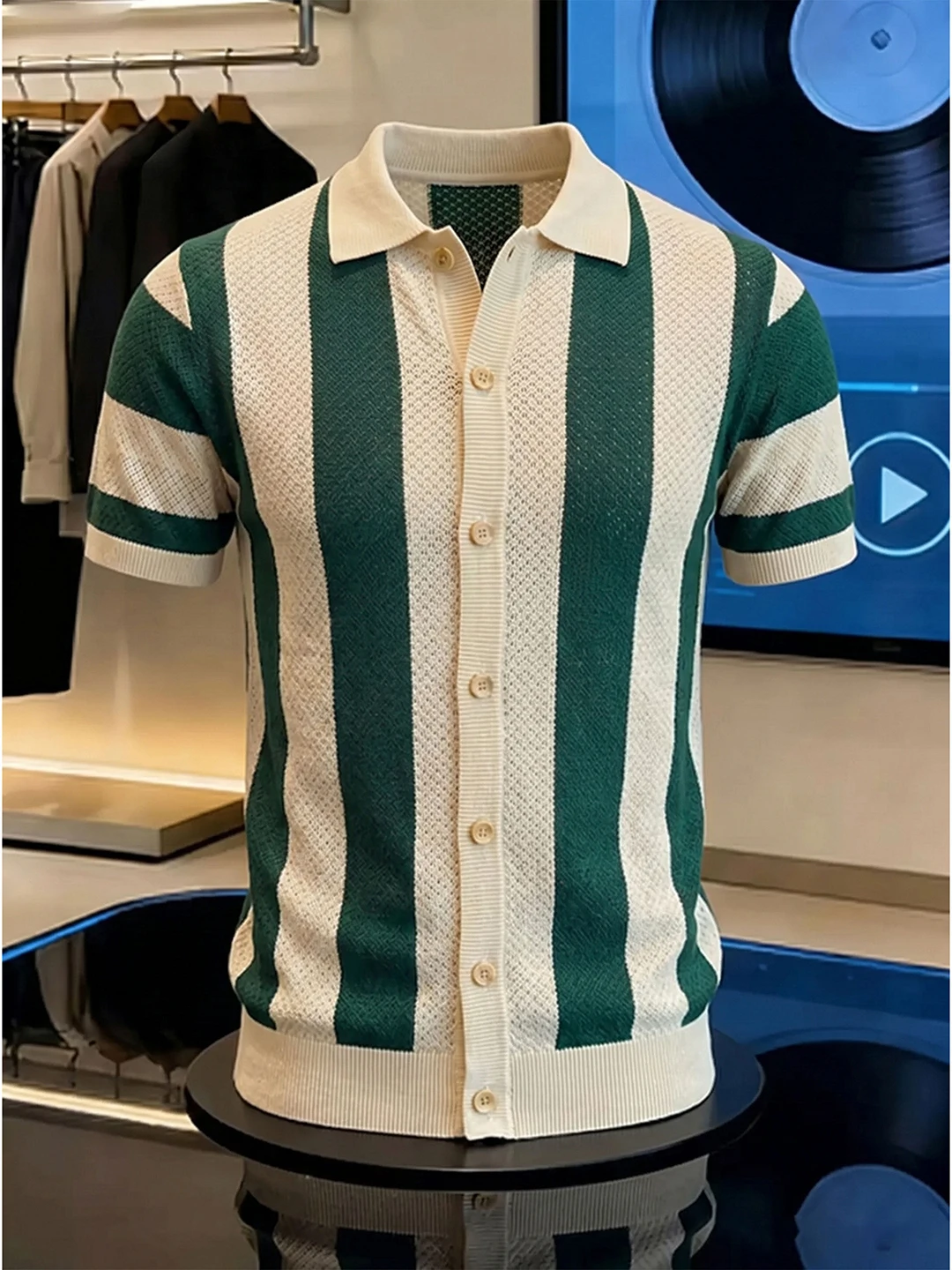  Knitted Stripe Short Sleeve T-Shirt for Men Flip Collar Color Block Italian Style Open Cardigan Breathable Cool Sen...