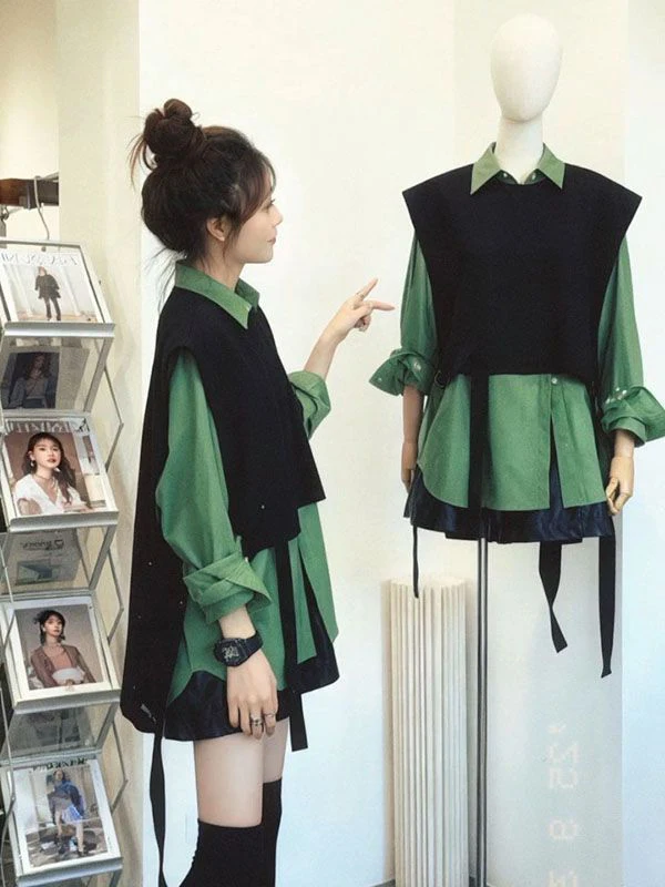 

Fashionable Black Knitted Vest Top Green Shirt Set Women's Autumn Winter Casual Wear Regular Fit Long Sleeve Sun Protection