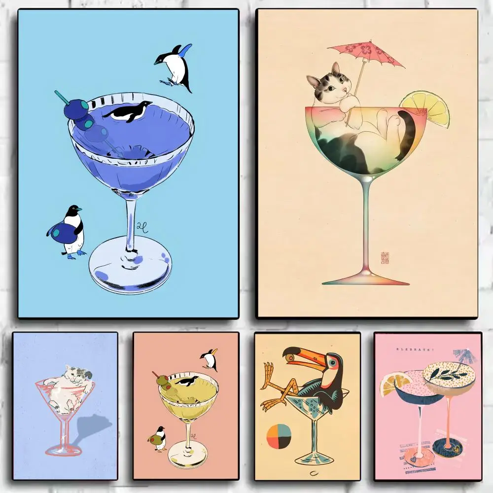 funny Wine animal cartoon art Poster Living Bed Room Bar Hallway Sticky Wall Art Printing Waterproof Aesthetic Decor