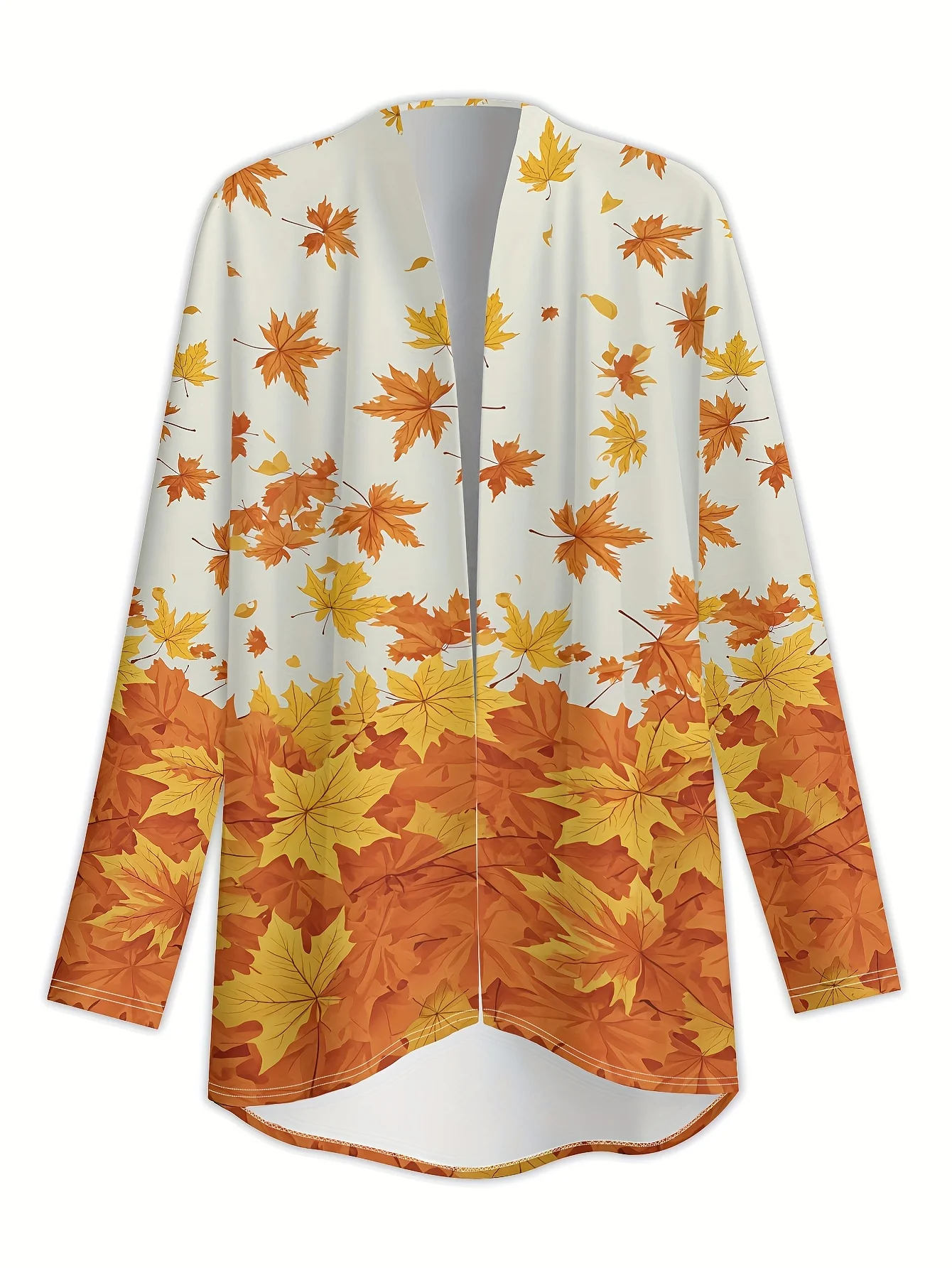 سترة نسائية عصرية بأكمام طويلة مطبوعة بأوراق القيقب، بوليستر مفتوح من الأمام، غطاء خفيف الوزن، معطف كاجوال للربيع والخريف