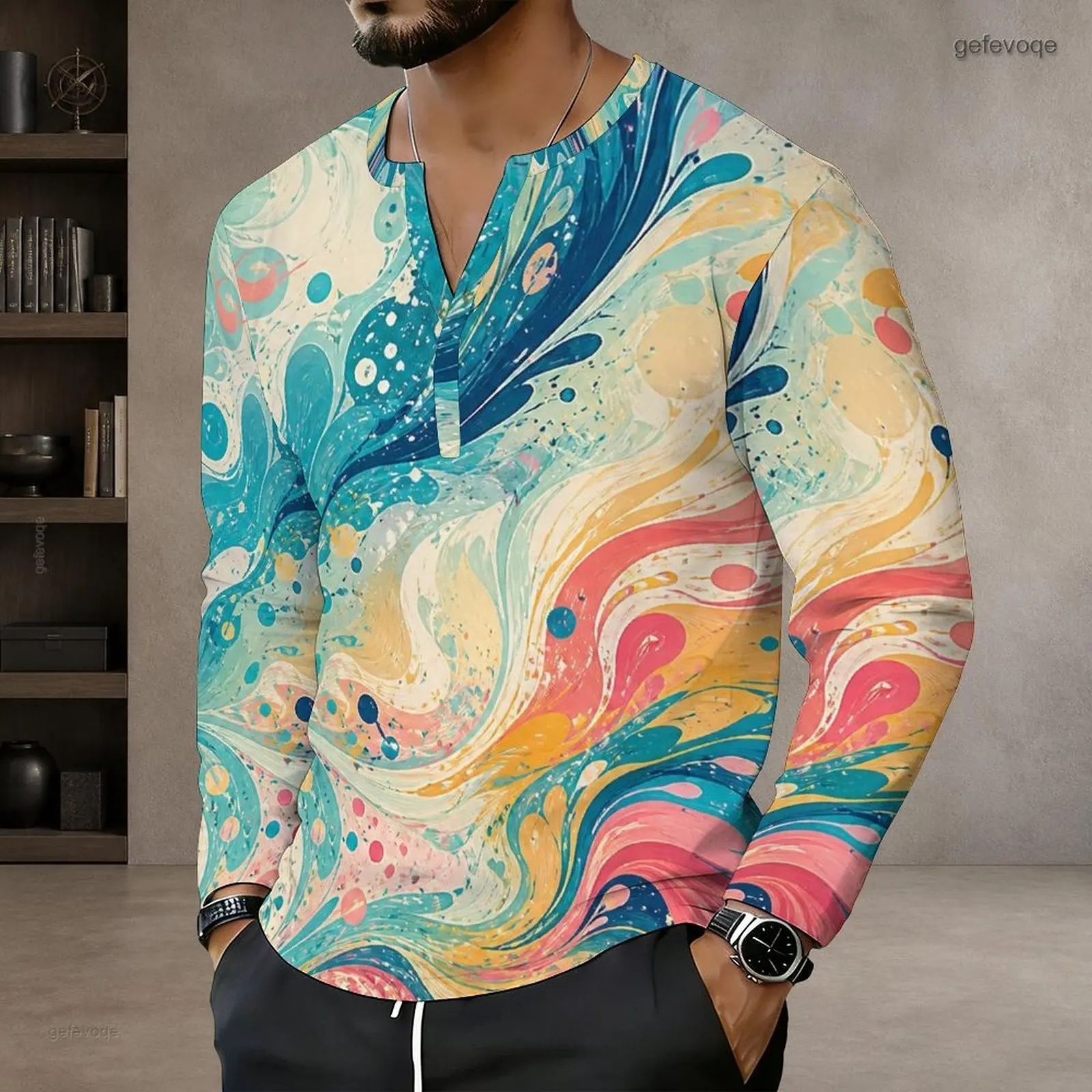 Notch Neck Long Sleeve Pullover Straight Hem Printed Top for Men