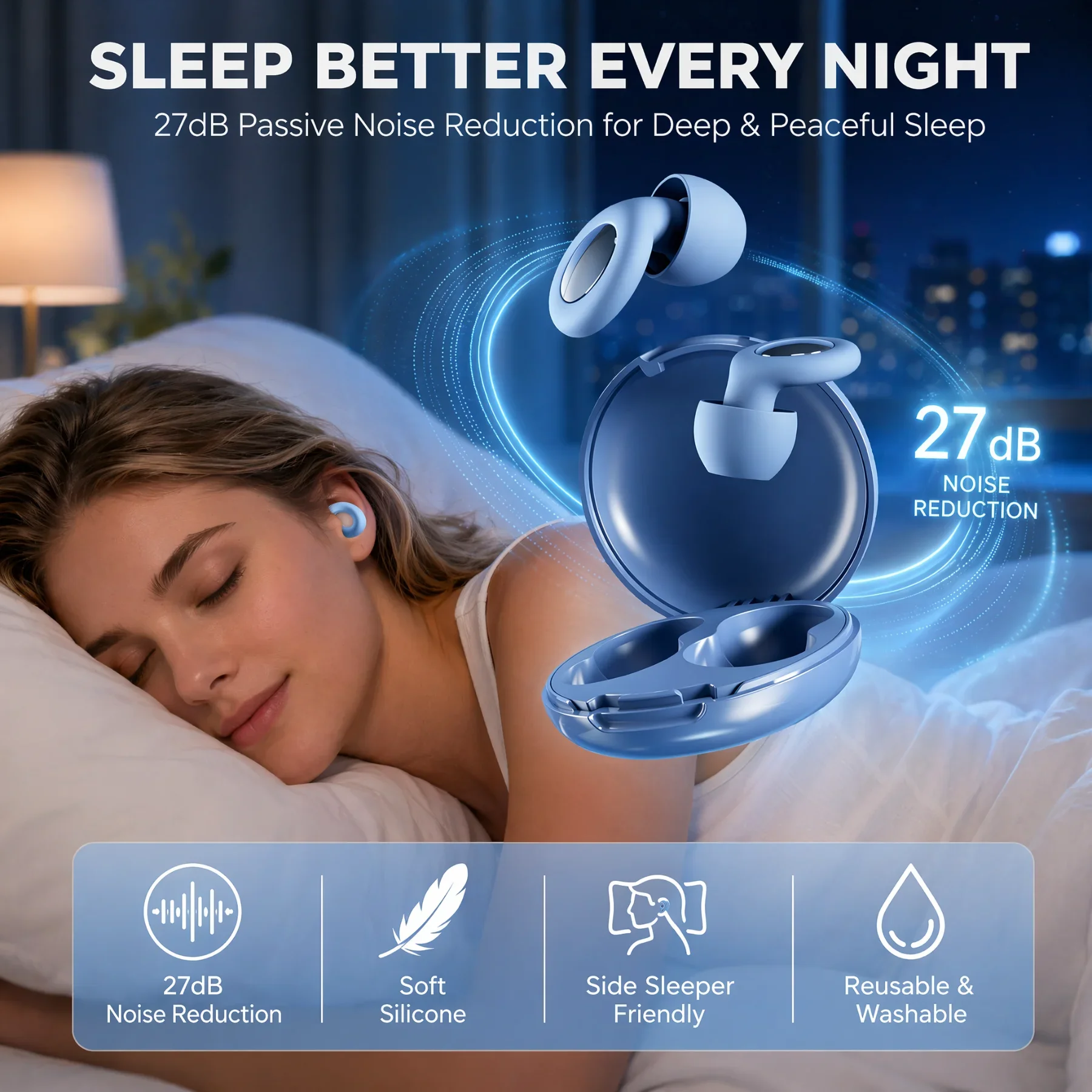 45dB Sleep Ear Plugs Noise Cancelling Soft Silicone Reusable Earplugs for Sleeping Snoring Side Sleeper Travel Study 3 Sizes