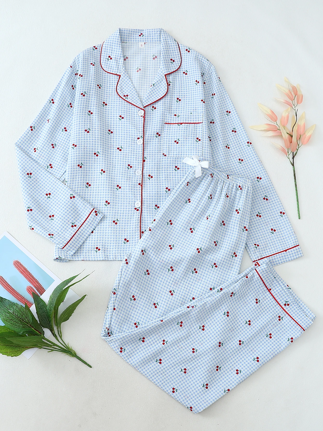 Two-Piece Comfortable Plaid Cherry Print Lapel Button-Up Top and Bow-Tie Long Pants Women's Pajama Loungewear Set Suitable for Home Use