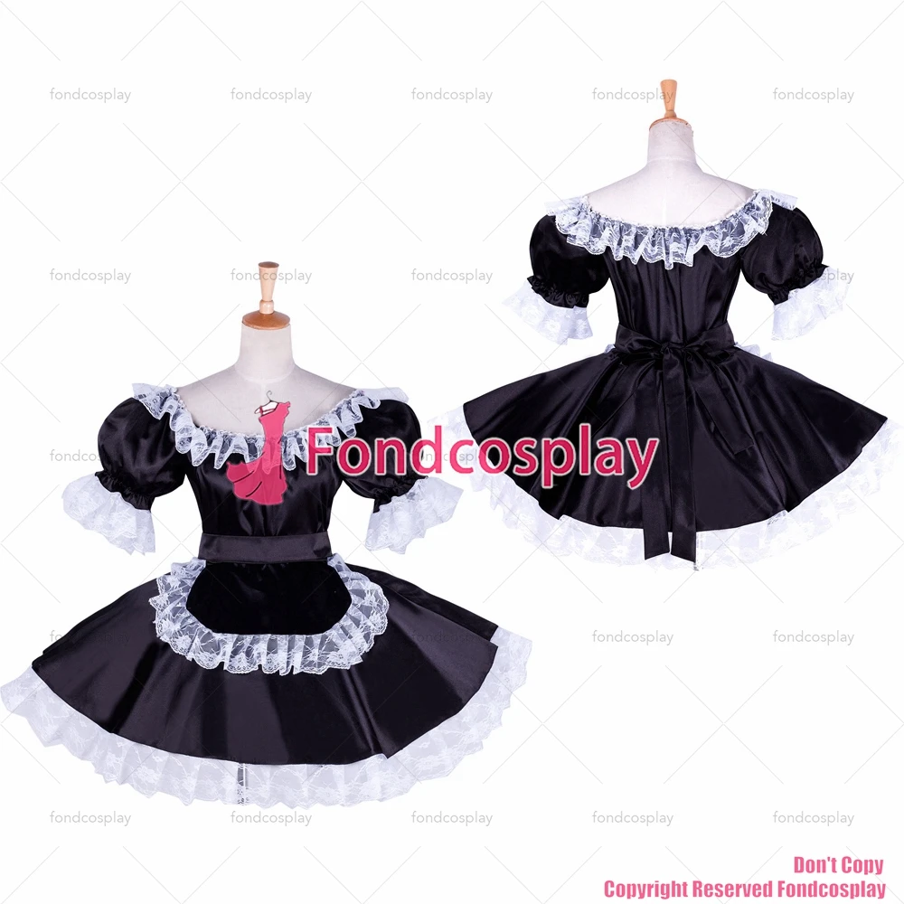 fondcosplay adult sexy cross dressing sissy maid short black satin lockable dress Uniform apron costume CD/TV[G1758]