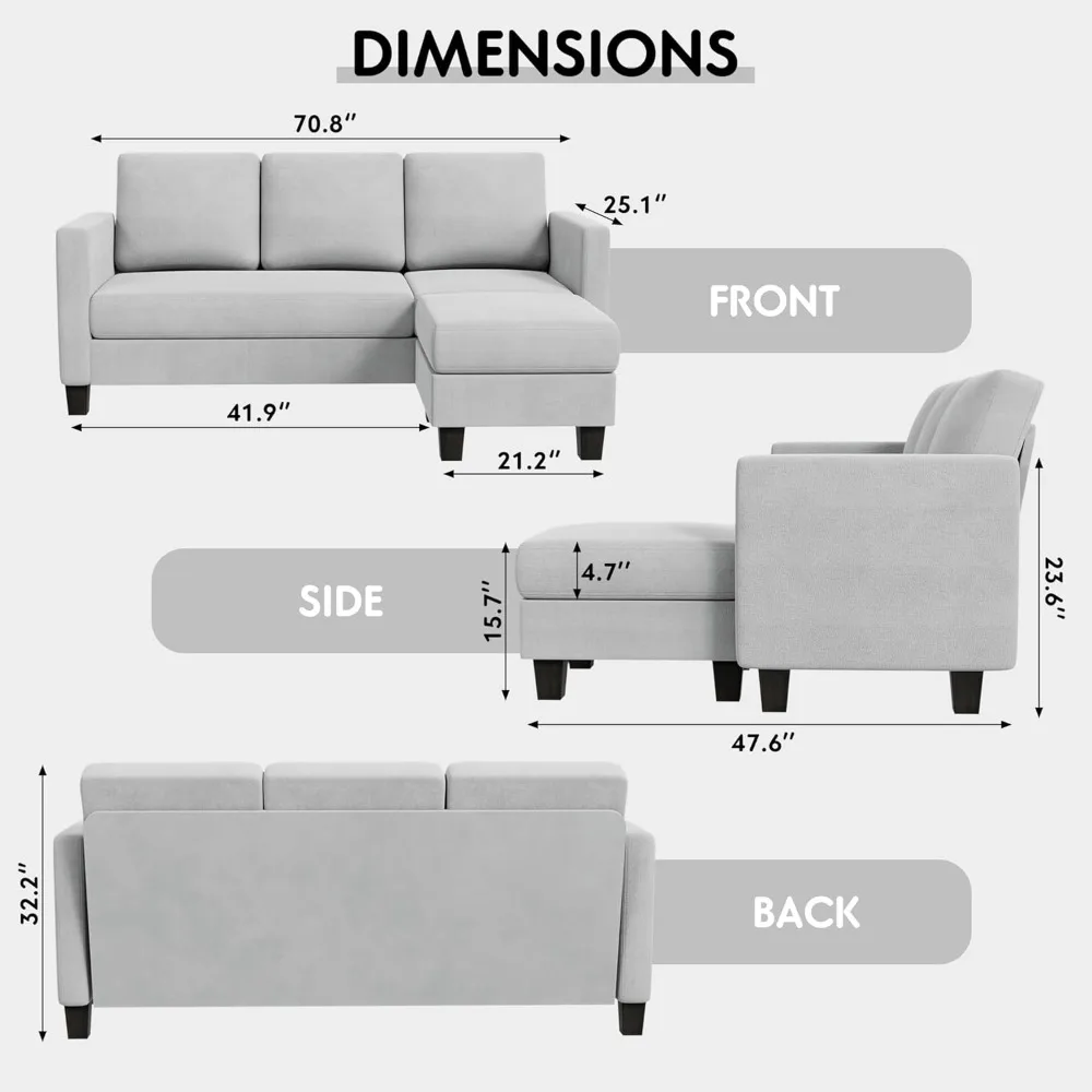 Convertible Sectional Small Sofa L-Shaped Couch Seat with Modern Linen Fabric, for Living Room, Apartment,Study and Office,