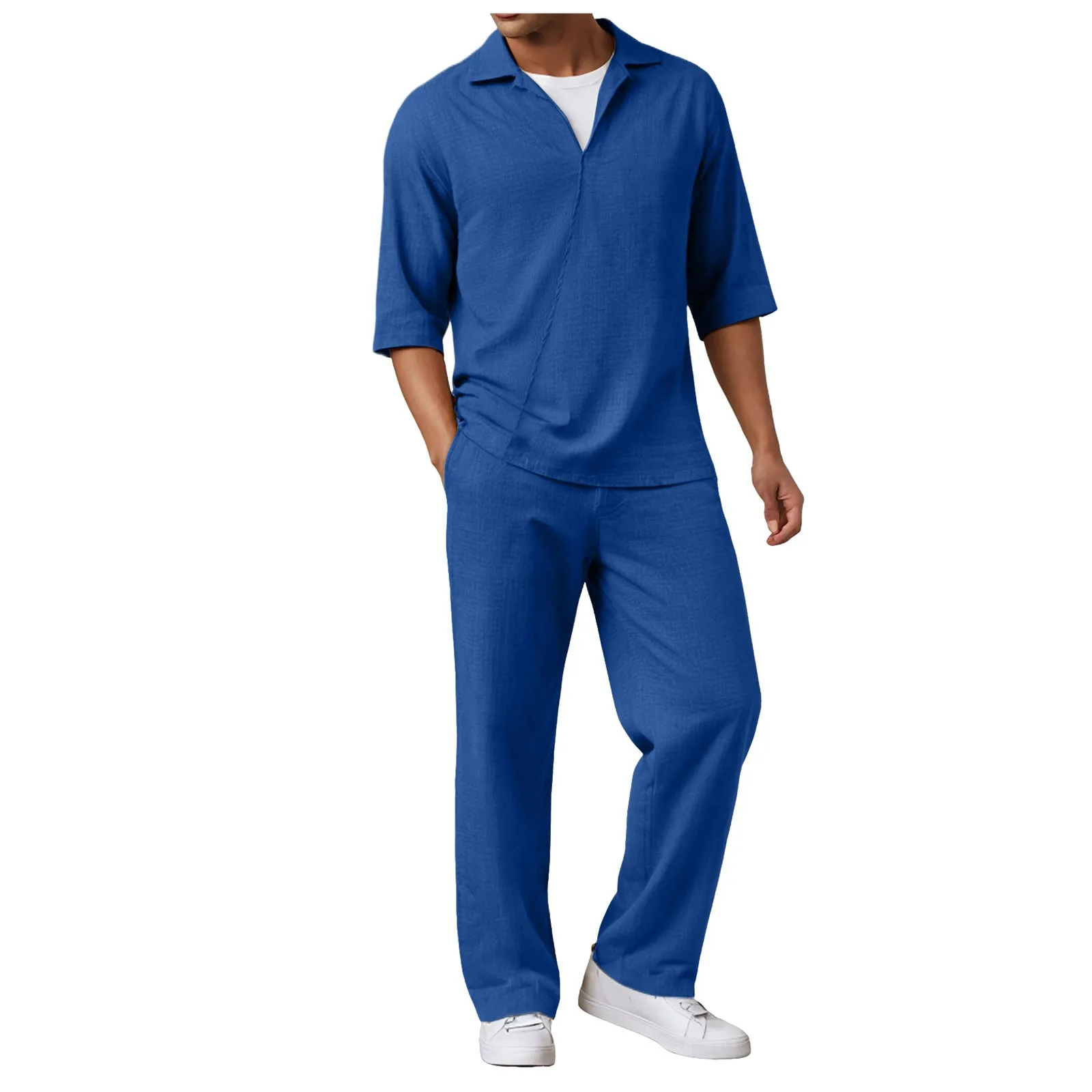 

Kan Sui Male Summer Commuting Suit Solid Color Textured Water Ripple Casual Shirt Short Sleeve Trousers Two Suit Men Separate