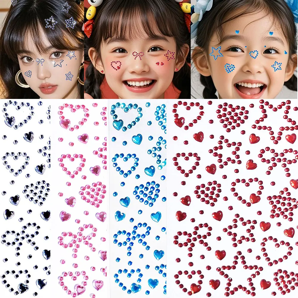 1pcs Heart & Star Bow Shape Face Rhinestone Stickers Colorful Crystal Temporary Tattoo Stickers Face Body Jewel DIY Makeup Decor