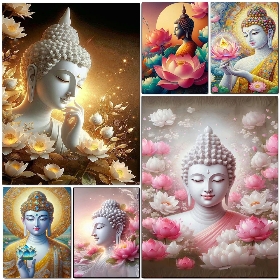 Buddha Statue 5D Full Round Diamond Painting Kits Zen Art Buddhist Sculpture DIY Drills Mosaic Embroidery Cross-stitch